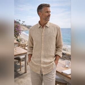 Porter & Ash 100% Linen Button Down Shirt Beige Natural Mens XL